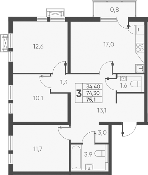 3-комн., 76.17 м², 2/24 этаж, ЖК «Барса»