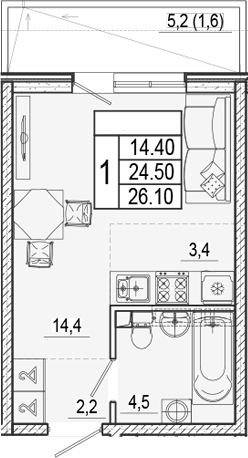 Студия, 24.5 м², 1/15 этаж, ЖК «Лестория»