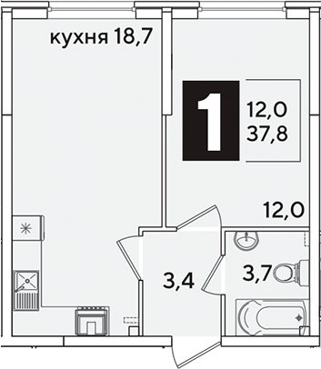 2-комн., 37.8 м², 1/16 этаж, ЖК «Самолет»