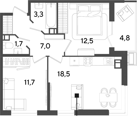 3-комн., 54.7 м², 5/9 этаж, ЖК «Парк Победы»