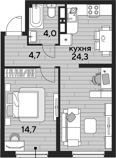 1-комн., 47.7 м², 14/19 этаж, ЖК «DОГМА ПАРК»