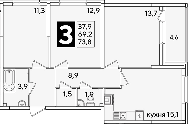 4+ комнаты, 69.2 м², 2/16 этаж, ЖК «Самолет»