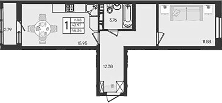 1-комн., 43.96 м², 2/9 этаж, ЖК «Дом 101»