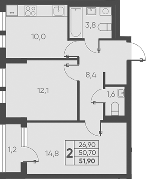 2-комн., 50.7 м², 14/15 этаж, ЖК «Барса»