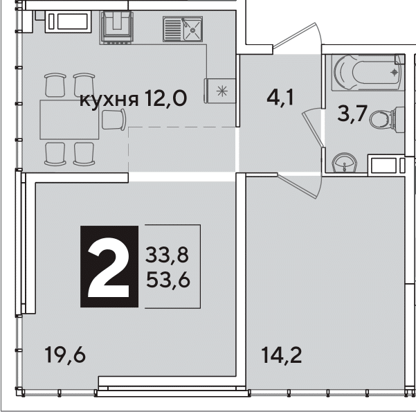 2-комн., 53.6 м², 16/16 этаж, ЖК «Самолет»