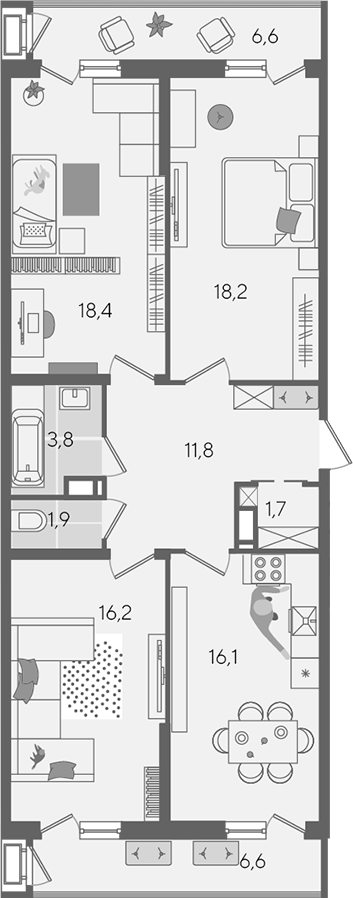 4+ комнаты, 88.1 м², 13/24 этаж, ЖК «Рекорд»