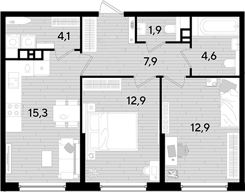2-комн., 59.6 м², 8/16 этаж, ЖК «DОГМА ПАРК»