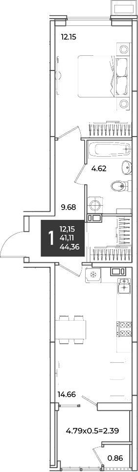 1-комн., 41.11 м², 8/18 этаж, ЖК «Образцово»