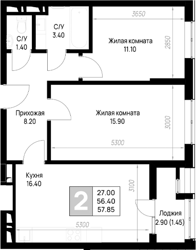 2-комн., 56.4 м², 3/9 этаж, ЖК «На высоком берегу»