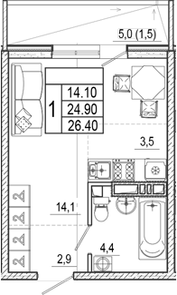 Студия, 24.9 м², 2/17 этаж, ЖК «Лестория»