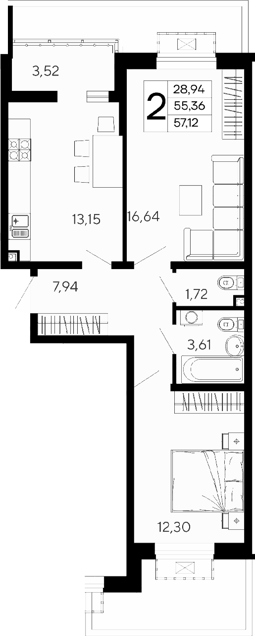 Продается 2-комн. квартира, 55.36 м²