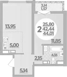 1-комн., 42.44 м², 7/16 этаж, ЖК «Город у моря»