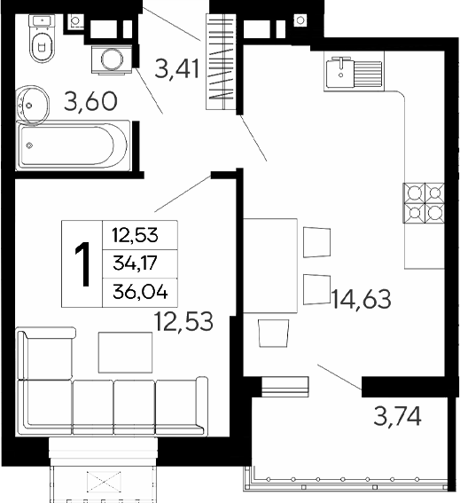 1-комн., 34.17 м², 12/16 этаж, ЖК «Эпос»