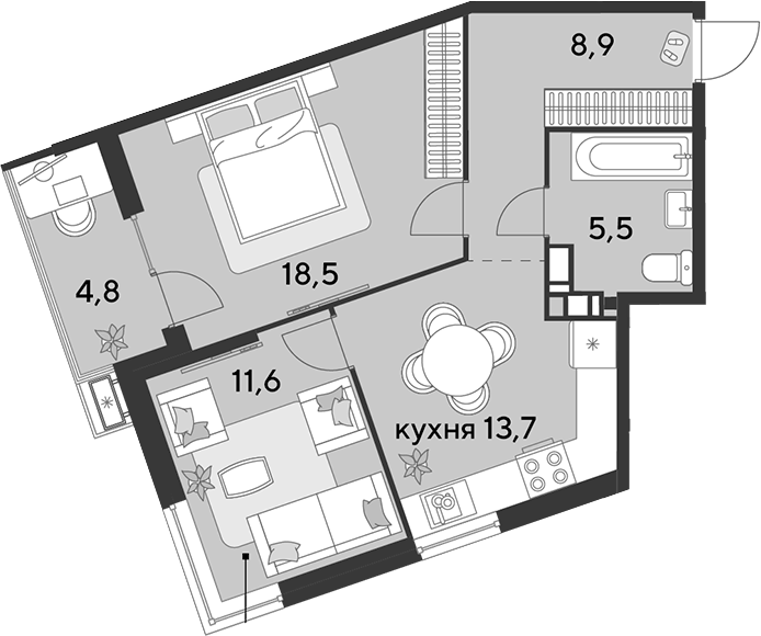 2-комн., 58.2 м², 13/18 этаж, ЖК «Парк Победы»