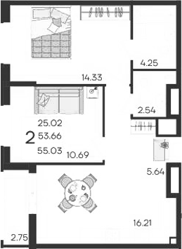 Продается 2-комн. квартира, 53.66 м²