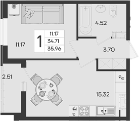 1-комн., 34.71 м², 13/18 этаж, ЖК «Дом 101»