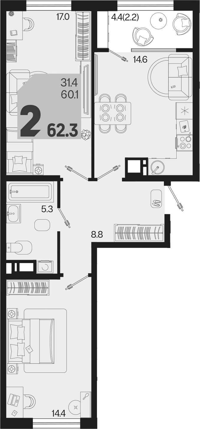 2-комн., 60.1 м², 6/9 этаж, ЖК «Первое место»
