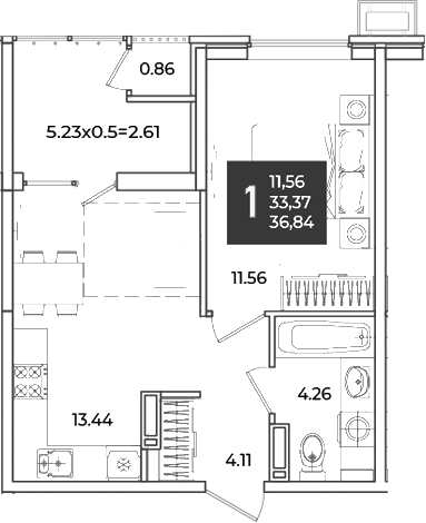 1-комн., 33.37 м², 18/18 этаж, ЖК «Образцово»