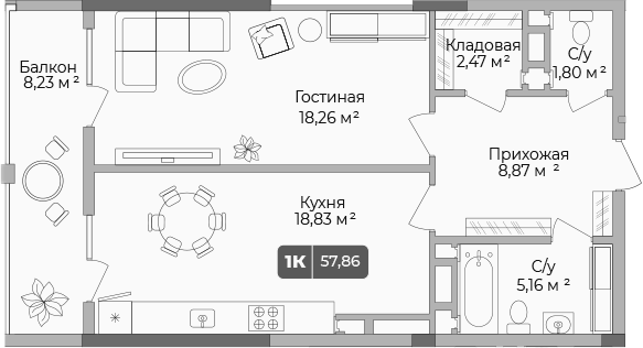 1-комн., 55.39 м², 15/17 этаж, ЖК «Золотой берег. СЗ Среда»