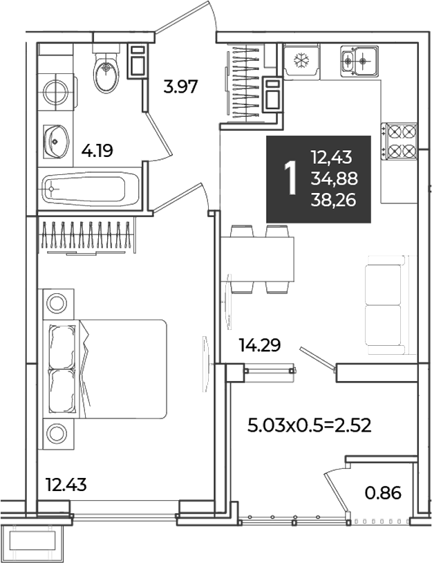 Продается 1-комн. квартира, 34.88 м²