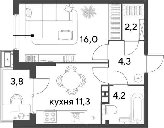1-комн., 38 м², 5/9 этаж, ЖК «Парк Победы»