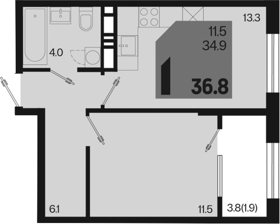 1-комн., 34.9 м², 12/18 этаж, ЖК «Первое место»