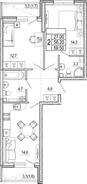 2-комн., 56.2 м², 1/17 этаж, ЖК «Лестория»