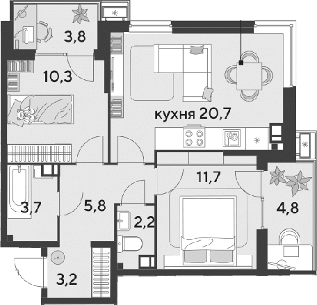 3-комн., 57.6 м², 4/18 этаж, ЖК «Парк Победы»