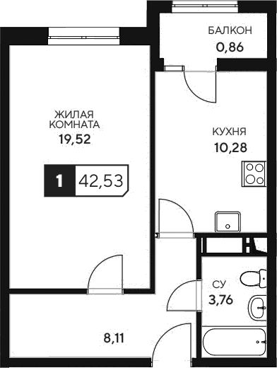 1-комн., 41.67 м², 2/20 этаж, ЖК «Центральный. Гамма»