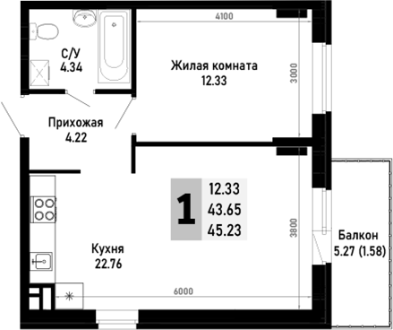 Продается 1-комн. квартира, 43.65 м²