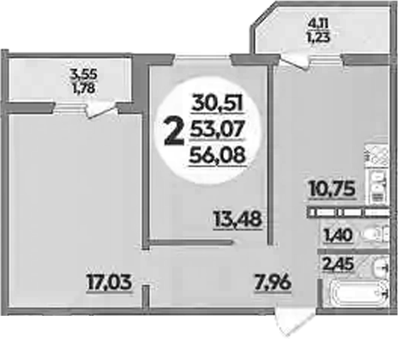 2-комн., 53.07 м², 9/9 этаж, ЖК «Южная долина»