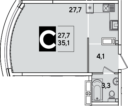 Студия, 35.1 м², 11/16 этаж, ЖК «Самолет»