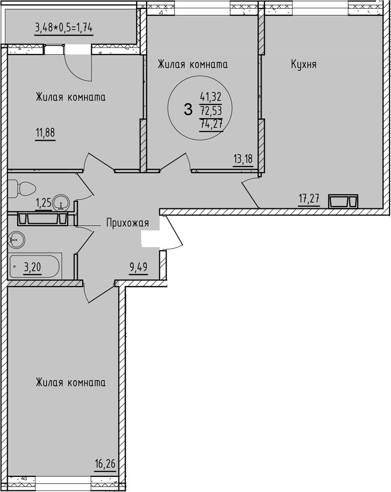 3-комн., 77.31 м², 16/19 этаж, ЖК «Друг»