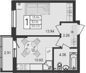1-комн., 32.16 м², 2/9 этаж, ЖК «Дом 101»