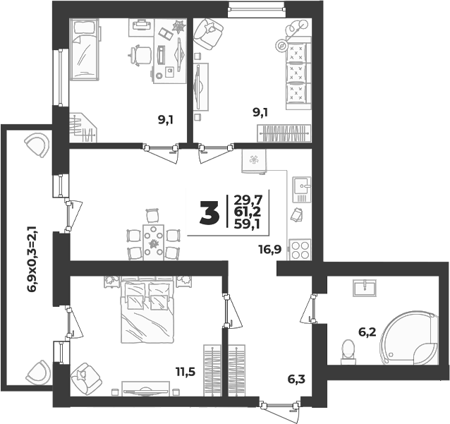 Продается 3-комн. квартира, 59.1 м²