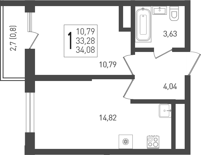 1-комн., 34.4 м², 3/24 этаж, ЖК «ЖК «Кубанская Крепость»»