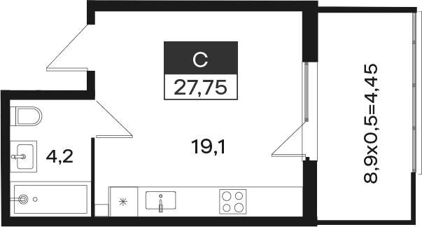 Студия, 23.3 м², 1/4 этаж, ЖК «Новая Елизаветка»