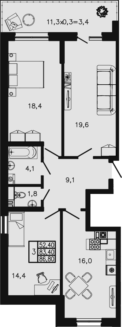 3-комн., 83.4 м², 1/4 этаж, ЖК «Экосфера»