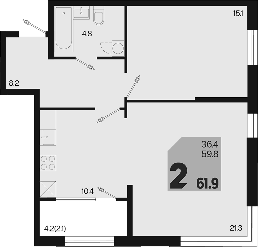 2-комн., 59.8 м², 2/18 этаж, ЖК «Первое место»