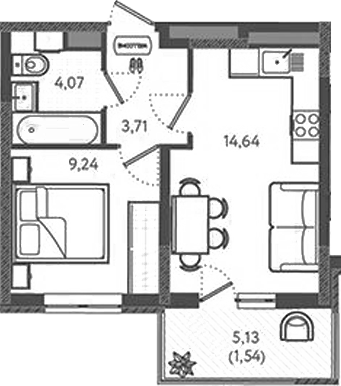 1-комн., 31.66 м², 9/9 этаж, ЖК «Теплые края»