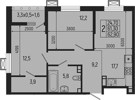 3-комн., 61.3 м², 5/5 этаж, ЖК «Звезды»