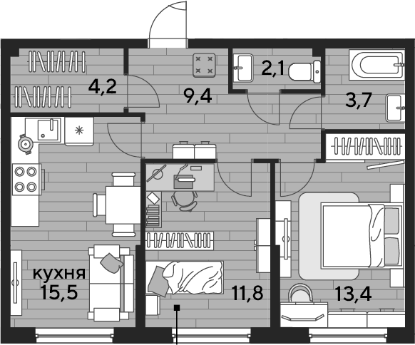 2-комн., 60.1 м², 2/16 этаж, ЖК «DОГМА ПАРК»