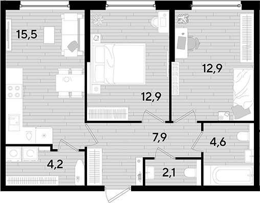 2-комн., 60.1 м², 2/16 этаж, ЖК «DОГМА ПАРК»