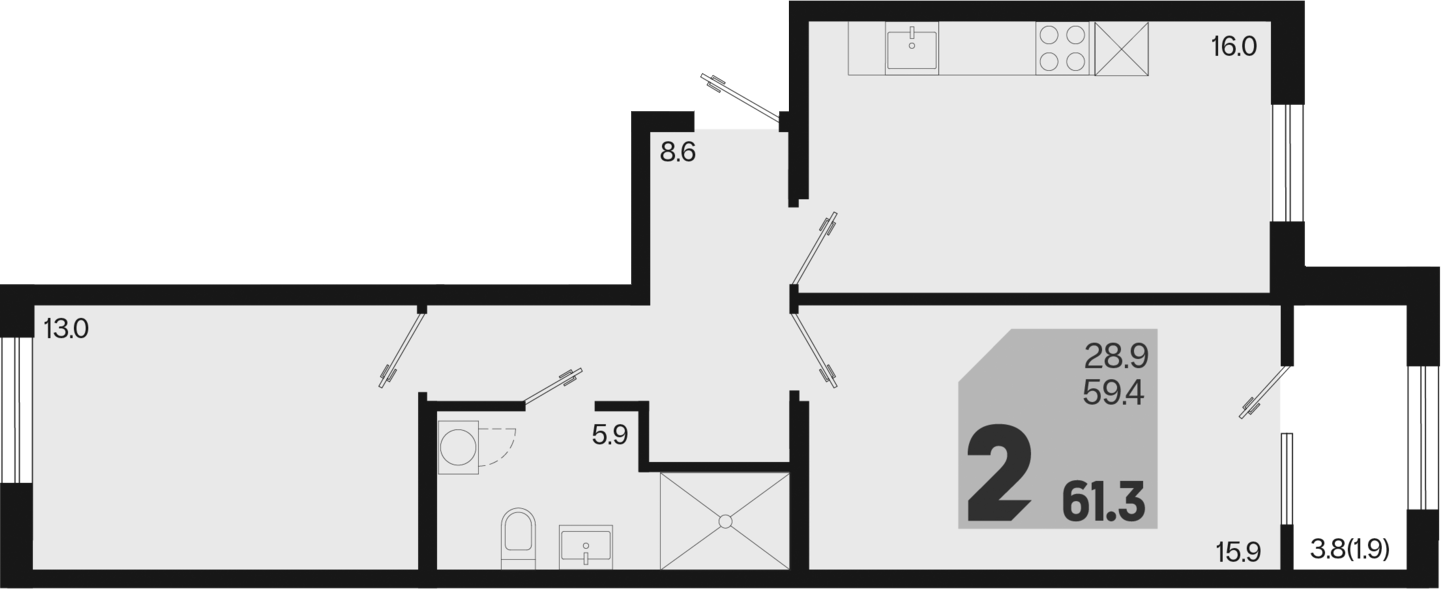 Продается 2-комн. квартира, 59.4 м²