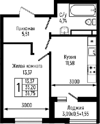 1-комн., 35.2 м², 11/18 этаж, ЖК «Ботаника Хиллс»