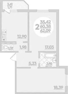 2-комн., 60.38 м², 6/8 этаж, ЖК «Молодежный 2»