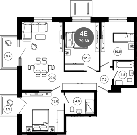 4+ комнаты, 74.3 м², 2/10 этаж, ЖК «Гостиничный комплекс GREENMONT»