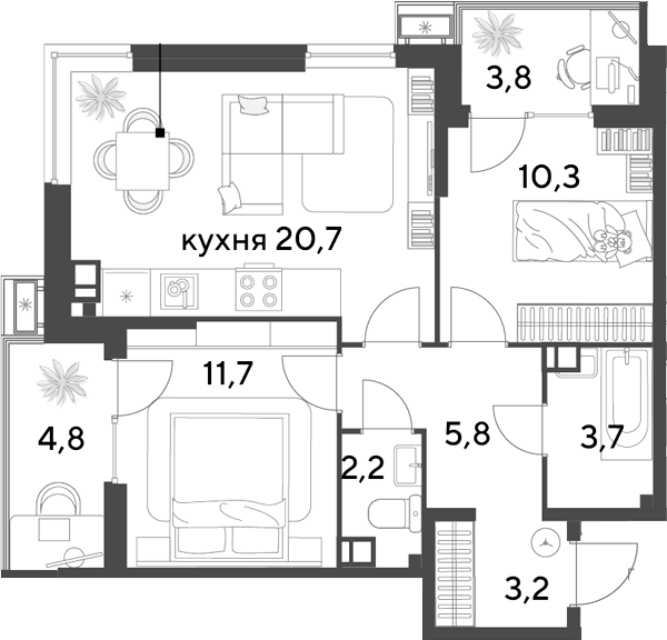 3-комн., 57.6 м², 6/18 этаж, ЖК «Парк Победы»
