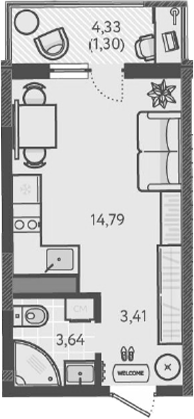Студия, 21.84 м², 9/9 этаж, ЖК «Теплые края»