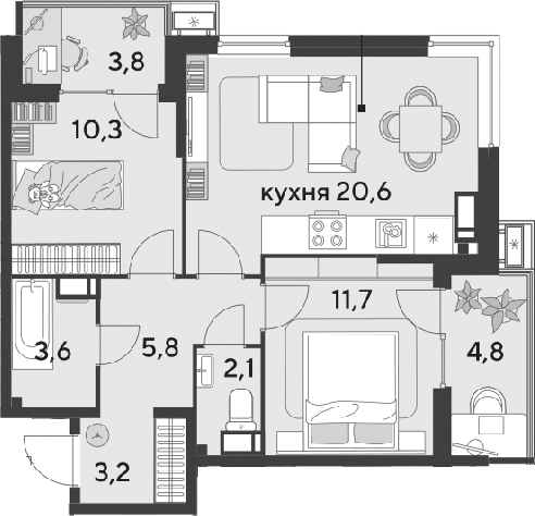 3-комн., 57.3 м², 16/18 этаж, ЖК «Парк Победы»